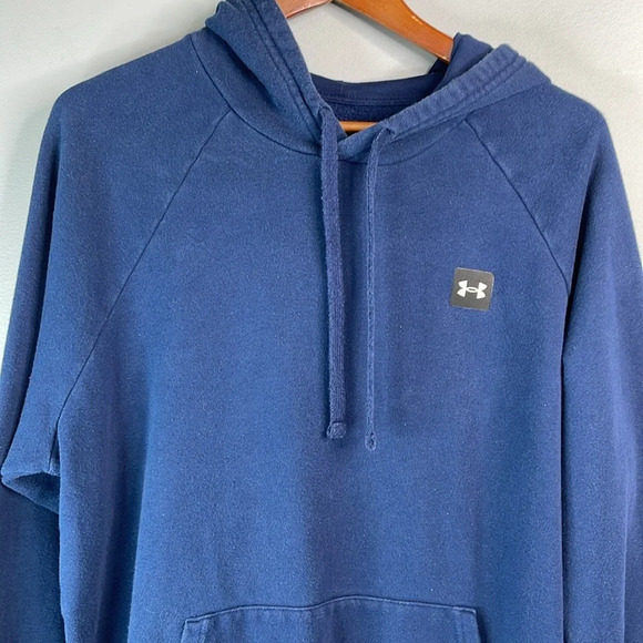5/$25 UNDER ARMOUR Coldgear Loose Fit Kangaroo Hoodie Navy Blue Logo *As Is* L - Picture 3 of 12